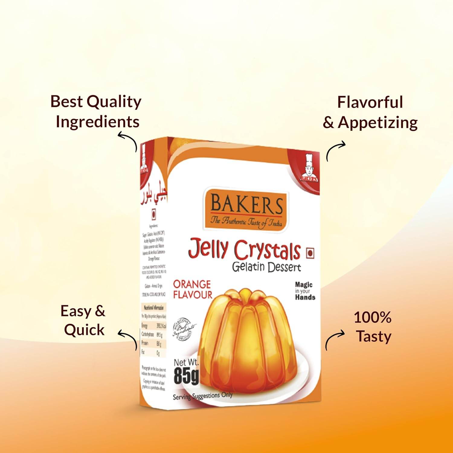 GELATIN DESSERT COMBO 5 - BAKERS Custard Powder Vanilla Flavour 100 gm + BAKERS Jelly Crystals (Gelatin Dessert) Orange Flavour 85 gm - Pluugin Store