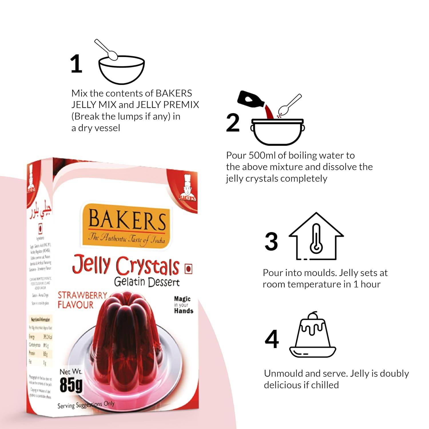 GELATIN DESSERT COMBO 1 - BAKERS Custard Powder Vanilla Flavour 100 gm + BAKERS Jelly Crystals (Gelatin Dessert) Strawberry Flavour 85 gm - Pluugin Store