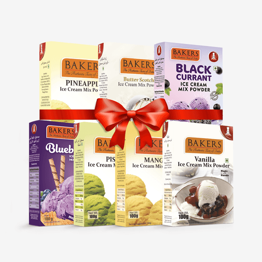 BAKERS Ice Cream Mix Powder - Black Currant + Blueberry + Butter Scotch + Pineapple + Pista + Vanilla + Mango Pack of 7 - Pluugin Store
