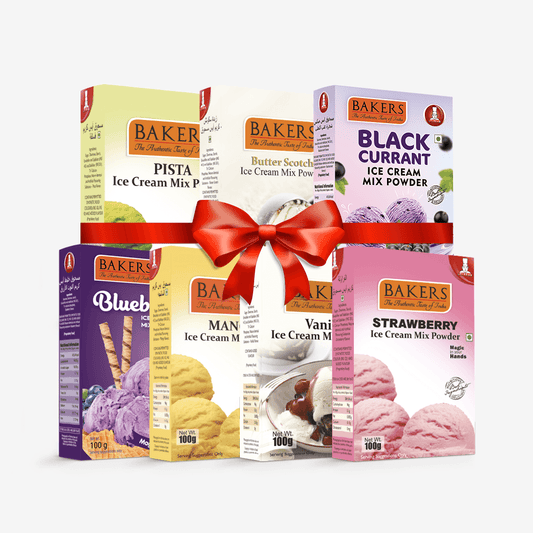 BAKERS Ice Cream Mix Powder - Black Currant + Blueberry + Butter Scotch + Pista + Strawberry + Vanilla + Mango Pack of 7 - Pluugin Store