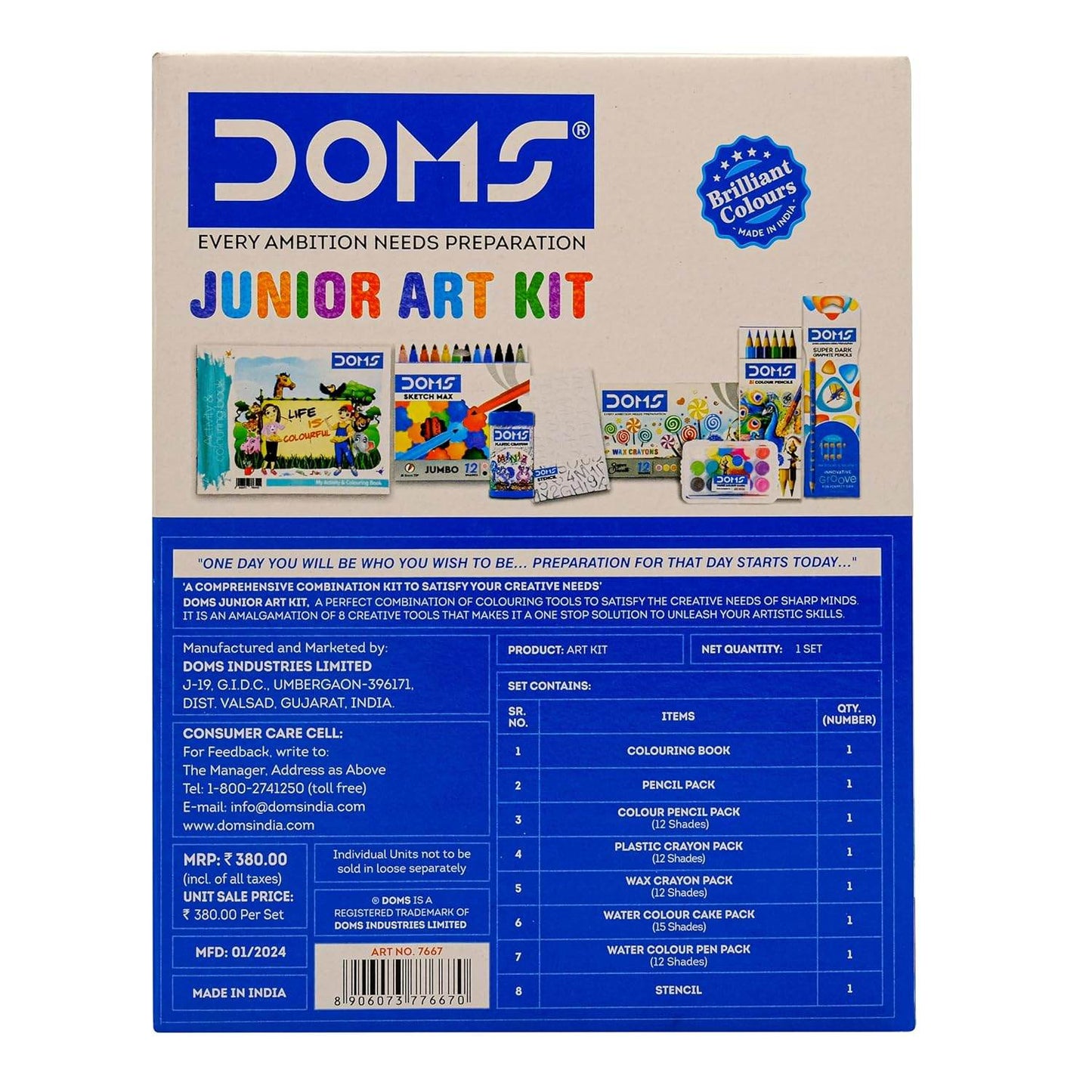 Doms Jonior Art Kit | Comes With Transparent Zipper Bag | Perfect Value Pack | Kit For School Essentials | Gifting Range For Kids | Combination of 8 Stationery Items - Pluugin Store