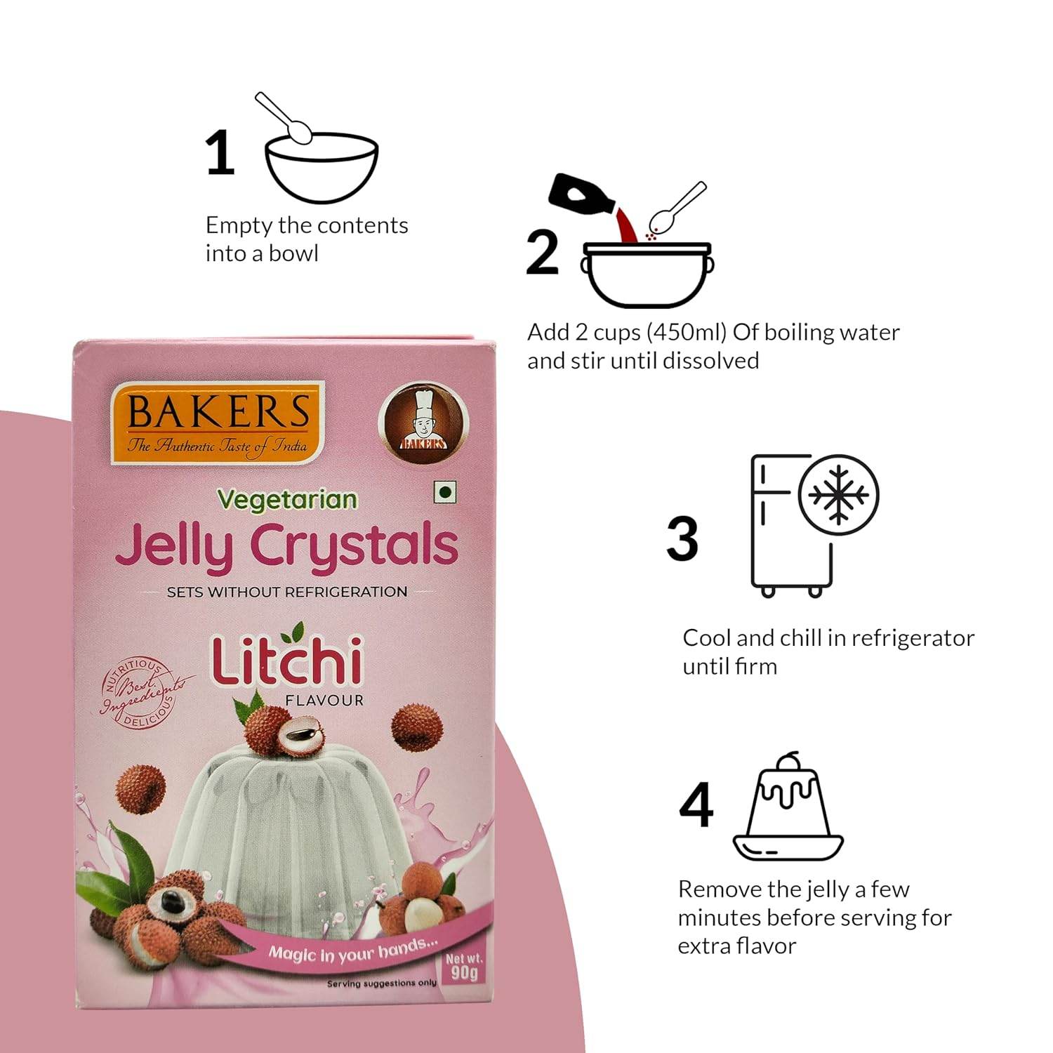 EXOTIC DESSERT COMBO 2 - BAKERS Custard Powder Vanilla Flavour 100 gm + BAKERS Jelly Crystals Litchi Flavour 90 gm - Pluugin Store