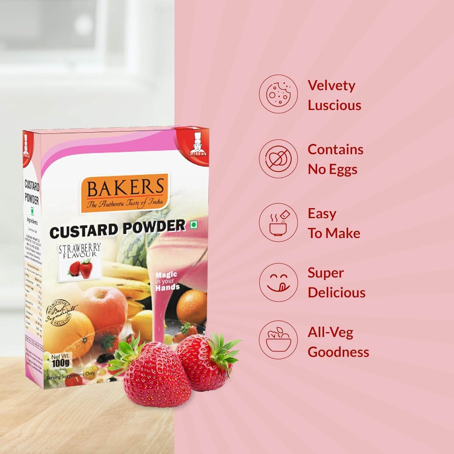 BAKERS Custard Powder Vanilla + Strawberry + Mango + Raspberry (Pack of 4) 100gm + Glucose D pack of 2 - Pluugin Store