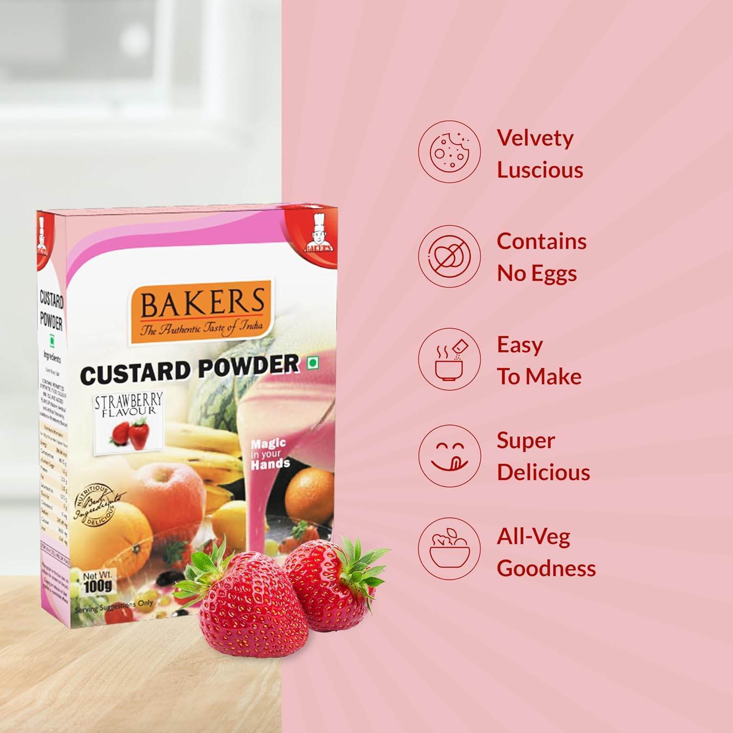 BAKERS Custard Powder Vanilla + Strawberry + Mango + Raspberry (Pack of 4) 100gm + Glucose D pack of 2 - Pluugin Store
