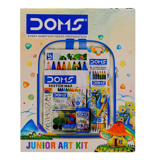 Doms Jonior Art Kit | Comes With Transparent Zipper Bag | Perfect Value Pack | Kit For School Essentials | Gifting Range For Kids | Combination of 8 Stationery Items - Pluugin Store