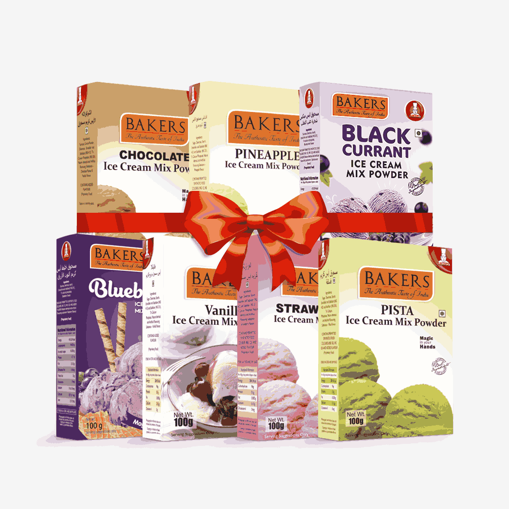 BAKERS Ice Cream Mix Powder - Black Currant + Blueberry + Chocolate + Pineapple + Pista + Strawberry + Vanilla  Pack of 7 Pluugin Store