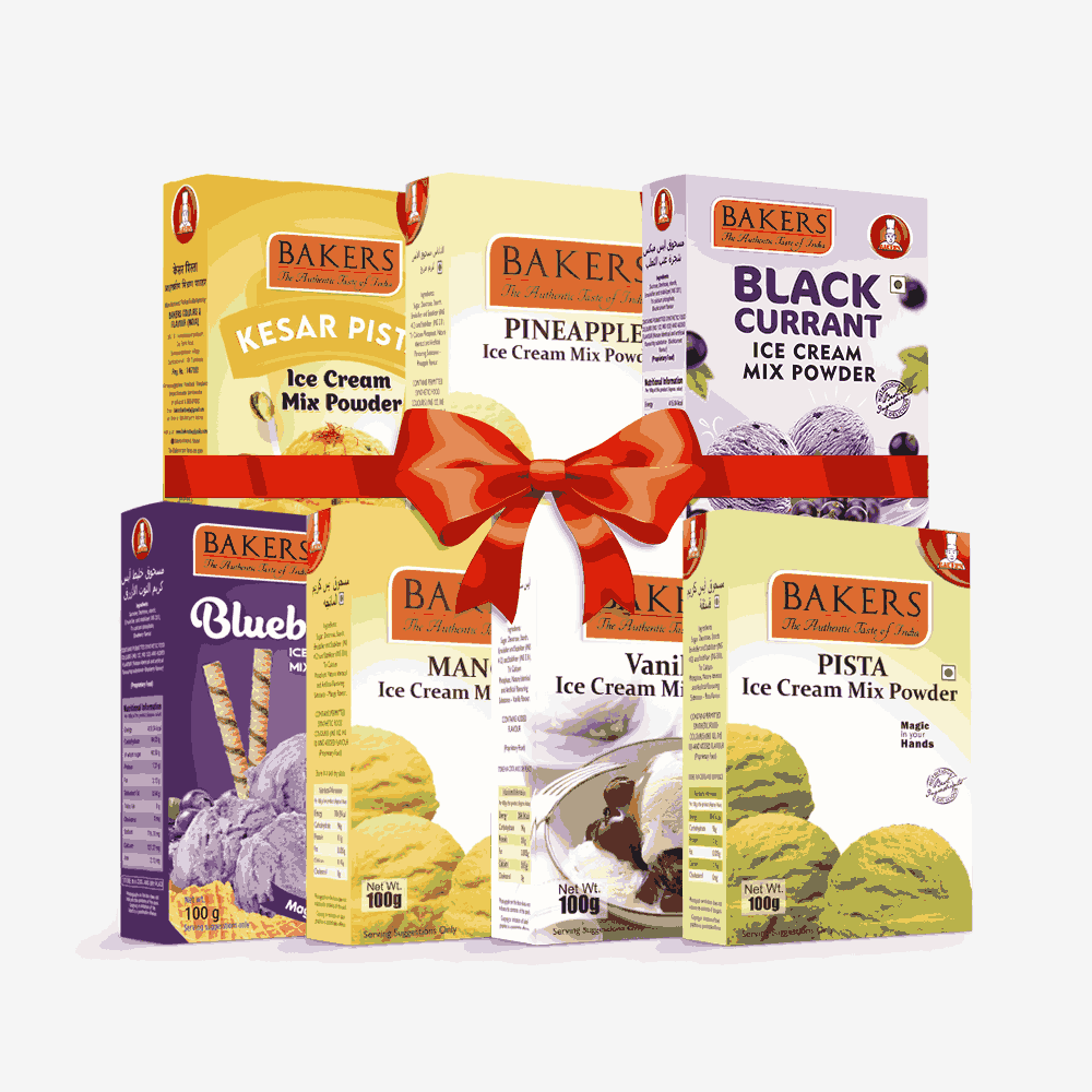 BAKERS Ice Cream Mix Powder - Black Currant + Blueberry + Kesar Pista + Pineapple + Pista + Vanilla + Mango Pack of 7 Pluugin Store