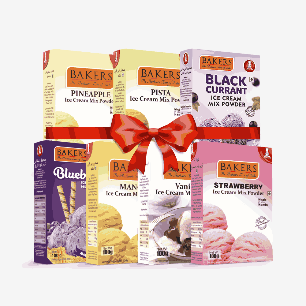 BAKERS Ice Cream Mix Powder - Black Currant + Blueberry + Pineapple + Pista + Strawberry + Vanilla + Mango Pack of 7 Pluugin Store