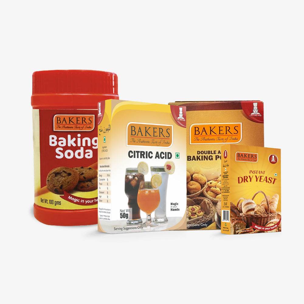 Bake Easy Essentials Pack 1 - BAKERS Baking Soda 100gm + BAKING POWDER 100gm+ INSTANT DRY YEAST 25gm + CITRIC ACID 50gm - Pluugin Store