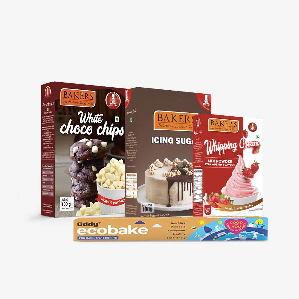 CAKE BAKE ESSENTIALS COMBO 10 - BAKERS White Choco Chips + Whipping Cream Strawberry Flavour + Icing Sugar + ODDY ECO BAKE 20M - Pluugin Store