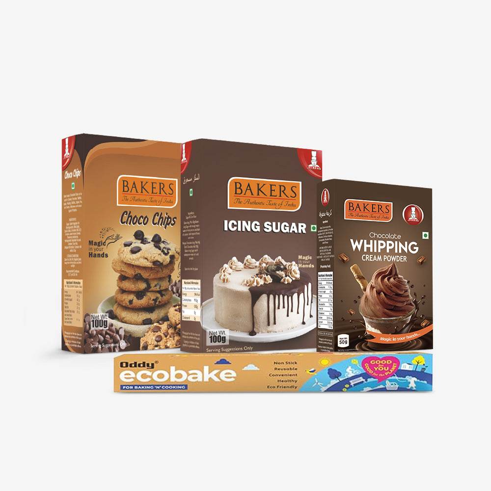 CAKE BAKE ESSENTIALS COMBO 11 - BAKERS Choco Chips + Whipping Cream ChocolateFlavour + Icing Sugar + ODDY ECO BAKE 20M - Pluugin Store