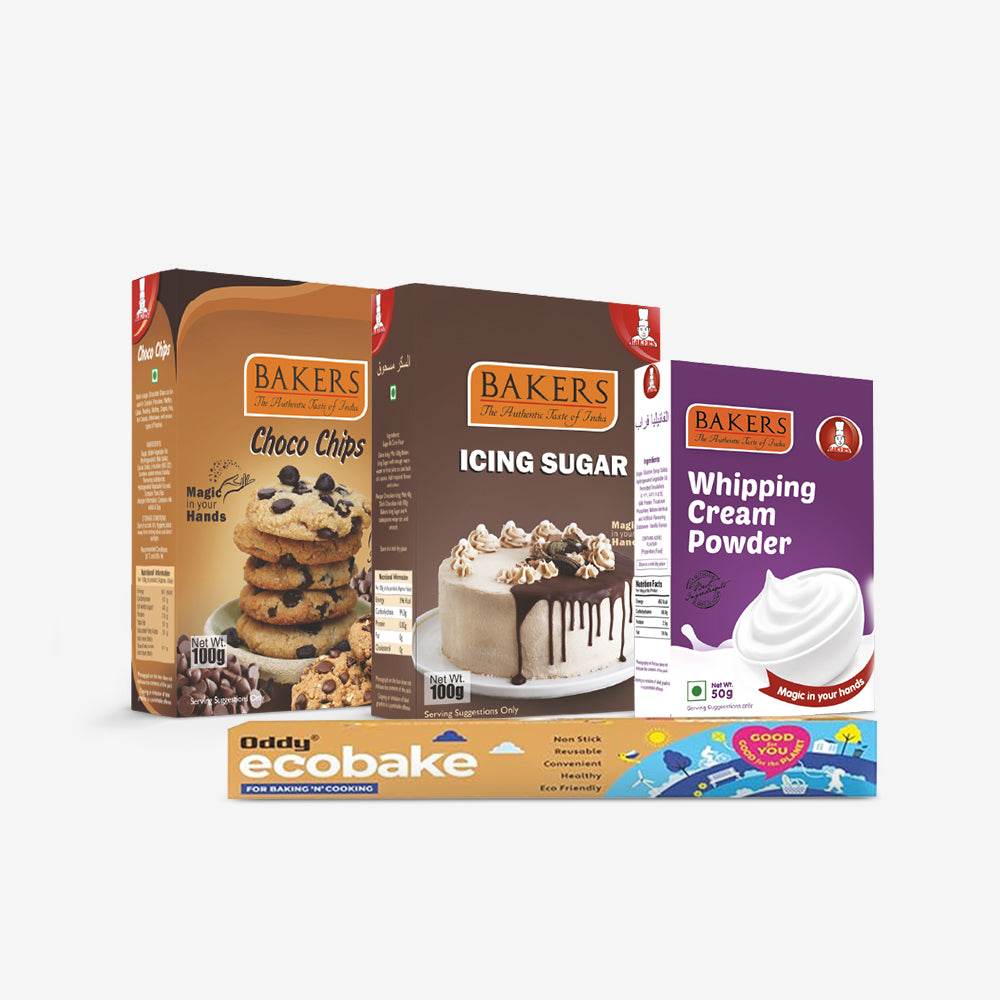 CAKE BAKE ESSENTIALS COMBO 12 - BAKERS Choco Chips + Whipping Cream Vanilla+ Icing Sugar + ODDY ECO BAKE 20M - Pluugin Store