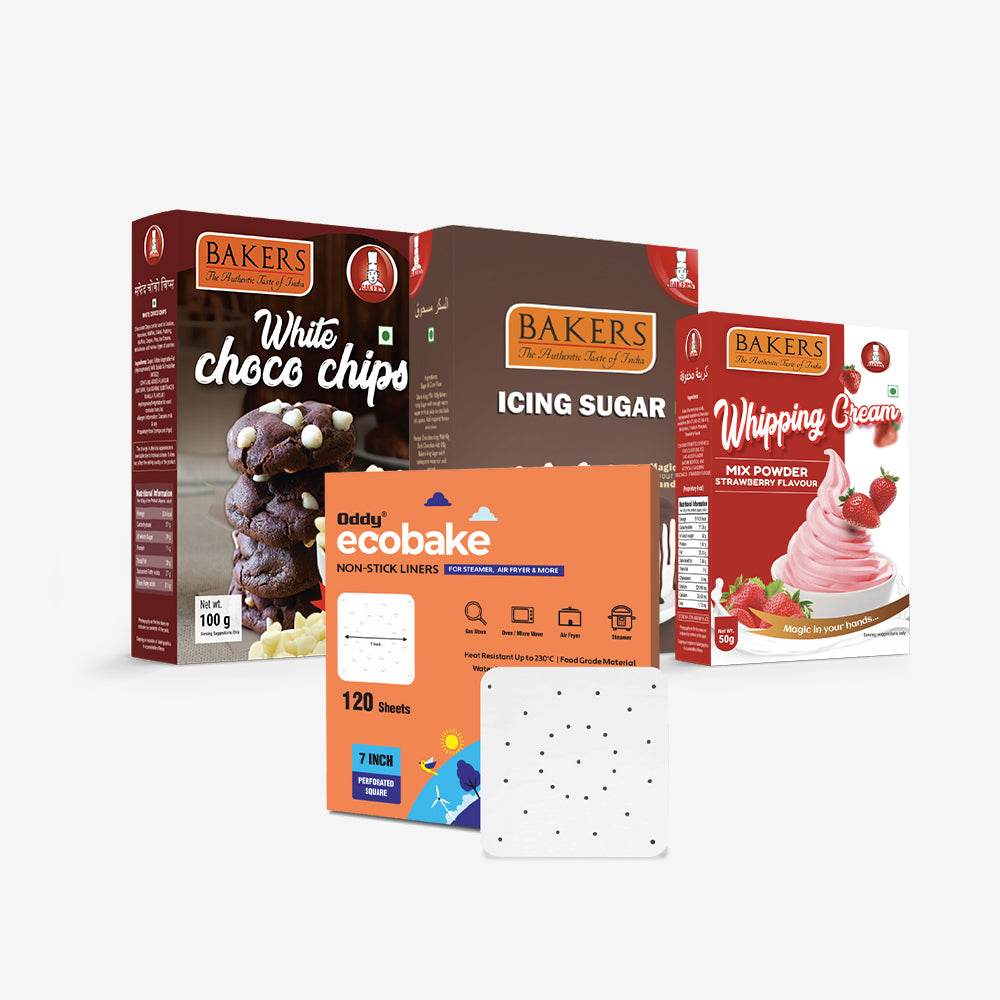 CAKE BAKE ESSENTIALS COMBO 13 - BAKERS White Choco Chips + Whipping Cream Strawberry Flavour + Icing Sugar + ODDY ECO BAKE PAPER 7 INCH SQUARE - Pluugin Store