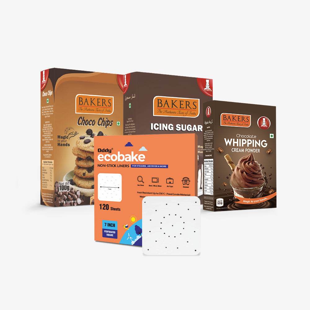 CAKE BAKE ESSENTIALS COMBO 14- BAKERS Choco Chips + Whipping Cream Chocolate Flavour + Icing Sugar + ODDY ECO BAKE PAPER 7 INCH SQUARE - Pluugin Store