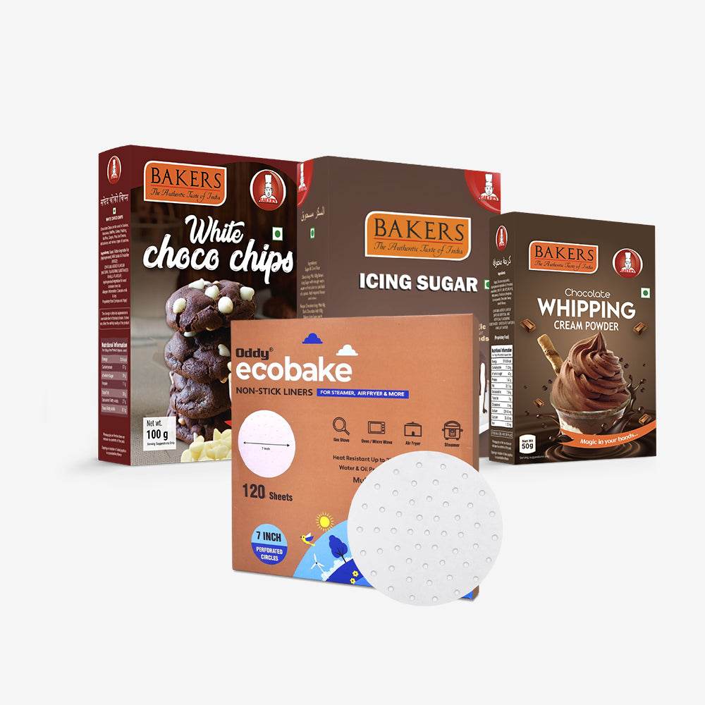 CAKE BAKE ESSENTIALS COMBO 17- BAKERS White Choco Chips + Whipping Cream Chocolate Flavour + Icing Sugar + ODDY ECO BAKE PAPER 7 INCH CIRCLE - Pluugin Store