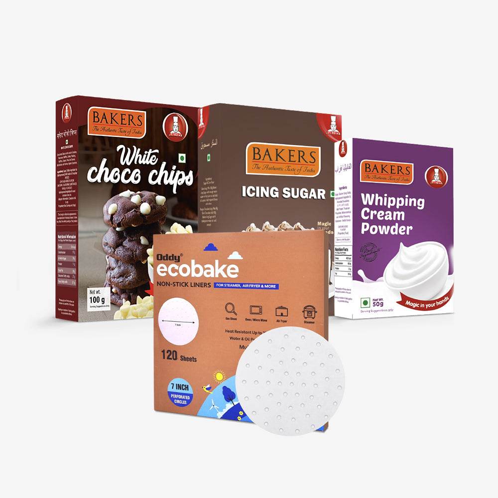 CAKE BAKE ESSENTIALS COMBO 18 - BAKERS White Choco Chips + Whipping Cream Vanilla+ Icing Sugar + ODDY ECO BAKE PAPER 7 INCH CIRCLE - Pluugin Store