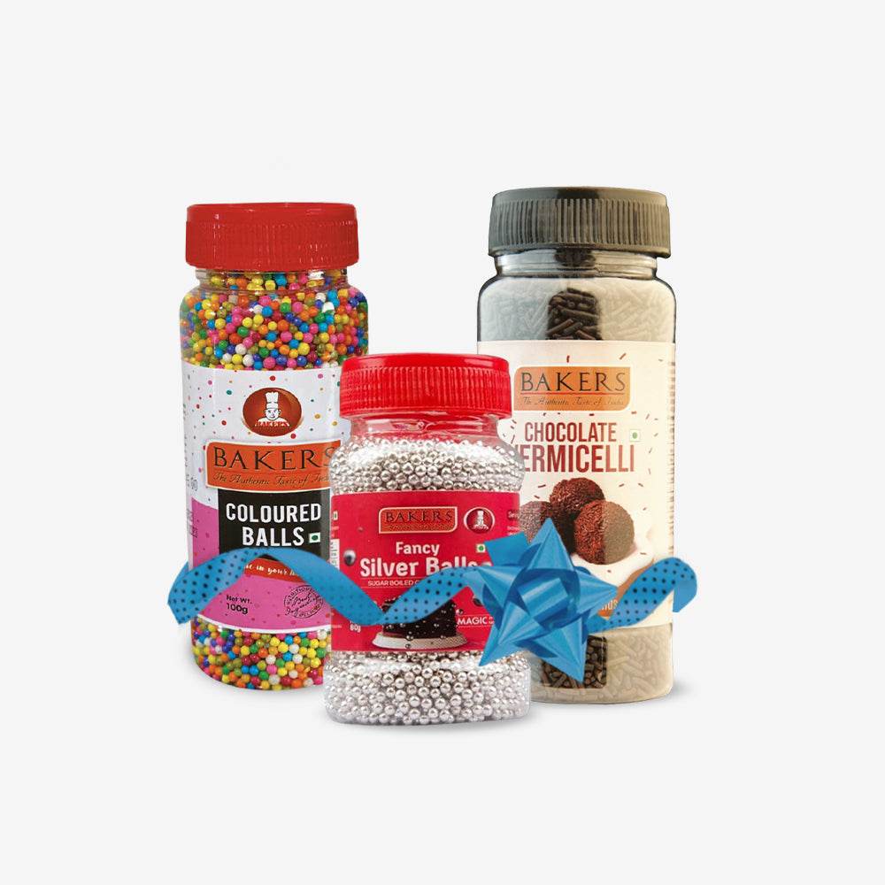 CAKE MAGIC COMBO 1 - BAKERS Sprinklers Silver Balls Edible Silver Coated Granules + Coloured Balls + Fantasy Vermicelli Chocolate - Pluugin Store