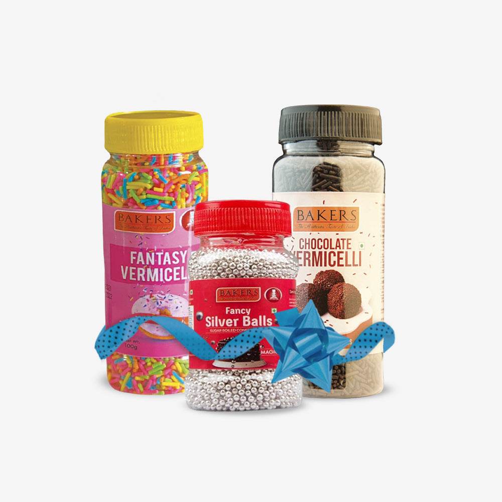 CAKE MAGIC COMBO 2 - BAKERS Sprinklers Silver Balls Edible Silver Coated Granules + Fantasy Vermicelli Chocolate + Fantasy Vermicelli - Pluugin Store