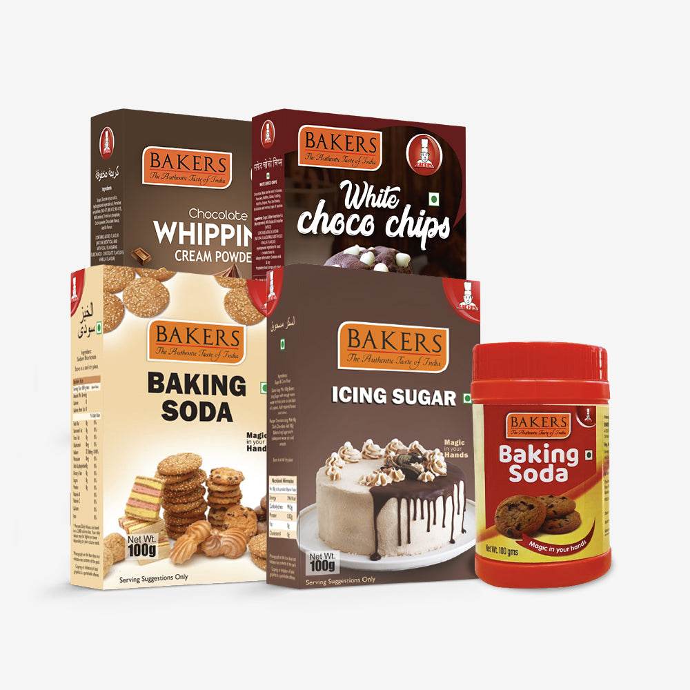 CHOCO. CAKE MIX - Bakers BAKING SODA + BAKING POWDER JAR + Whipping Cream Chocolate + ICING SUGAR + WHITE CHOCO CHIPS - Pluugin Store