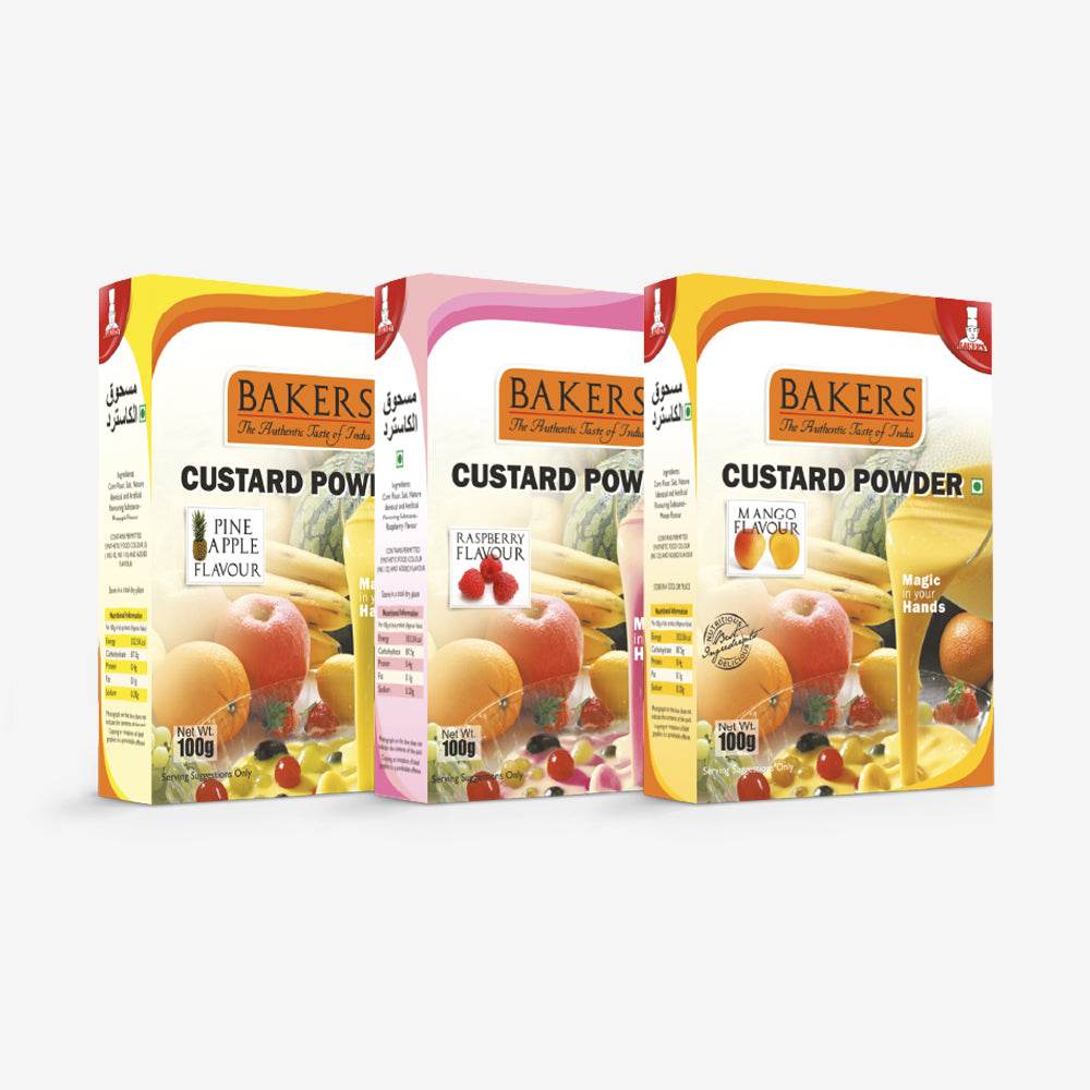 CUSTARD COMBO - BAKERS Custard Powder Pine Apple + Strawberry + Mango Flavour 100gm - Pluugin Store