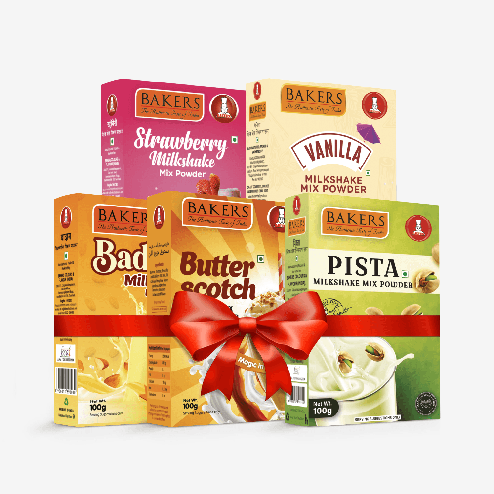 BAKERS Milkshake Mix Powder Pack of 5 VANILLA + STRAWBERRY + PISTA + BUTTERSCOTCH + BADAM - Pluugin Store