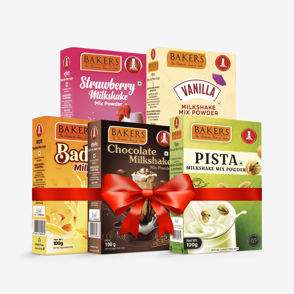 BAKERS Milkshake Mix Powder Pack of 5 VANILLA + STRAWBERRY + PISTA + CHOCOLATE + BADAM - Pluugin Store