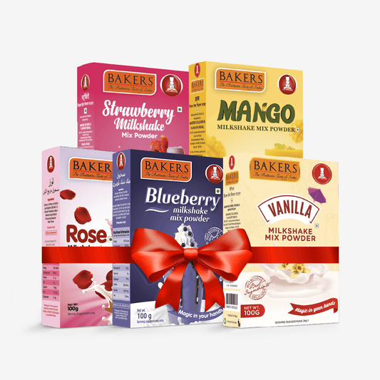 BAKERS Milkshake Mix Powder Pack of 5 VANILLA + STRAWBERRY + MANGO + BLUEBERRY + ROSE - Pluugin Store
