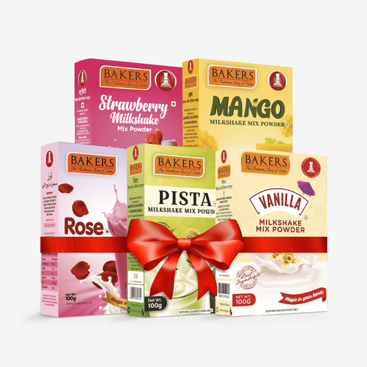 BAKERS Milkshake Mix Powder Pack of 5 VANILLA + STRAWBERRY + MANGO + PISTA + ROSE - Pluugin Store