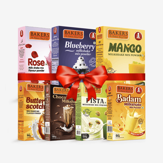BAKERS Milkshake Mix Powder Pack of 7 MANGO + PISTA + CHOCOLATE + BUTTERSCOTCH + BADAM + BLUEBERRY + ROSE - Pluugin Store