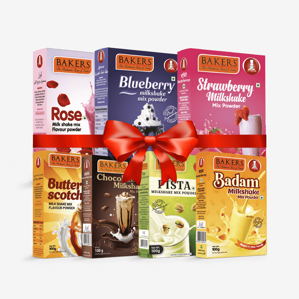 BAKERS Milkshake Mix Powder Pack of 7 STR. + PISTA + CHOCOLATE + BUTTERSCOTCH + BADAM + BLUEBERRY + ROSE - Pluugin Store