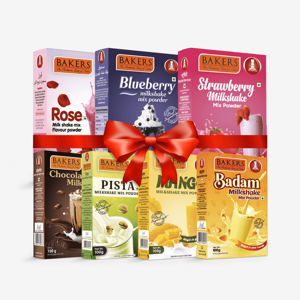 BAKERS Milkshake Mix Powder Pack of 7 STR. + MANGO + PISTA + CHOCOLATE + BADAM + BLUEBERRY + ROSE - Pluugin Store