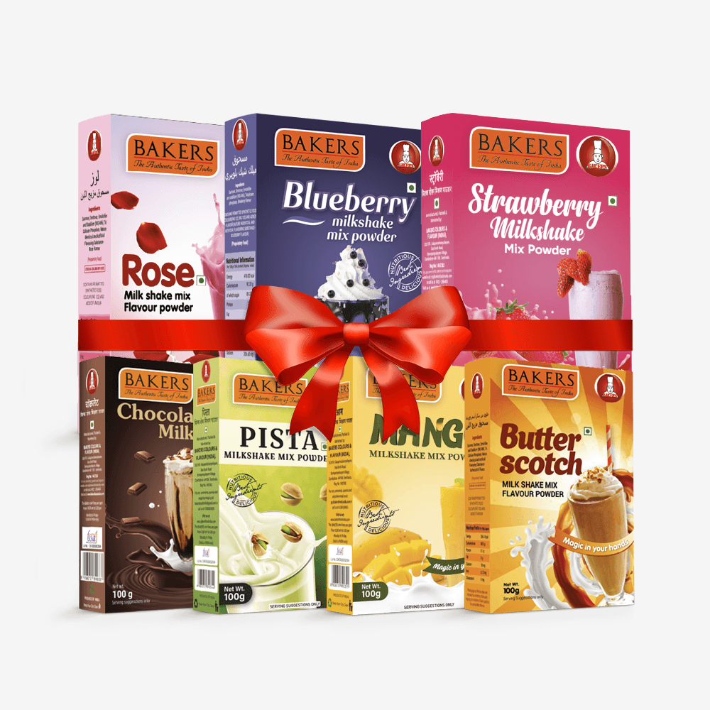 BAKERS Milkshake Mix Powder Pack of 7 STR. + MANGO + PISTA + CHOCOLATE + BUTTERSCOTCH + BLUEBERRY + ROSE - Pluugin Store