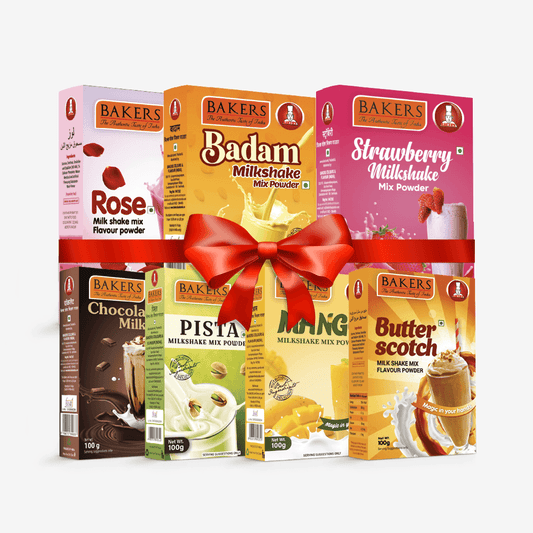 BAKERS Milkshake Mix Powder Pack of 7 STR. + MANGO + PISTA + CHOCOLATE + BUTTERSCOTCH + BADAM + ROSE - Pluugin Store