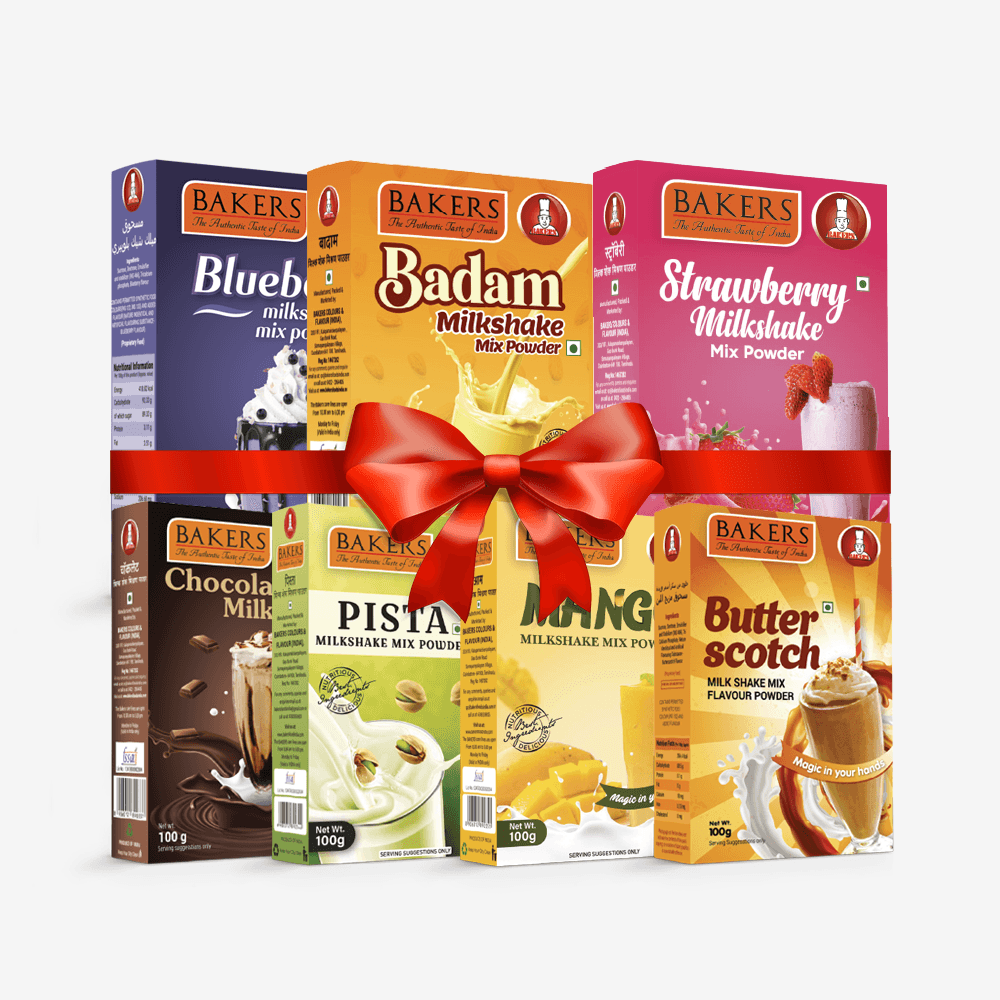 BAKERS Milkshake Mix Powder Pack of 7 STR. + MANGO + PISTA + CHOCOLATE + BUTTERSCOTCH + BADAM + BLUEBERRY - Pluugin Store