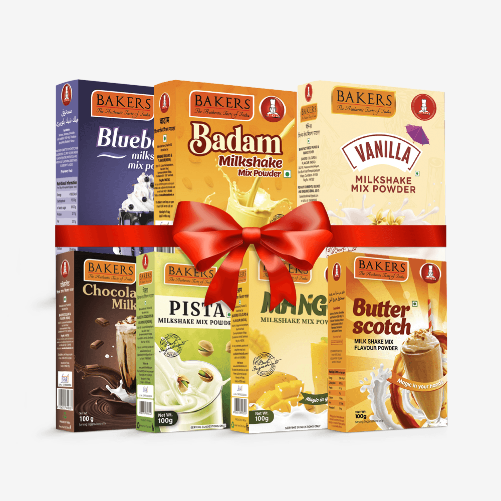 BAKERS Milkshake Mix Powder Pack of 7 VANILLA + PISTA + CHOCOLATE + BUTTERSCOTCH + BADAM + BLUEBERRY + ROSE - Pluugin Store