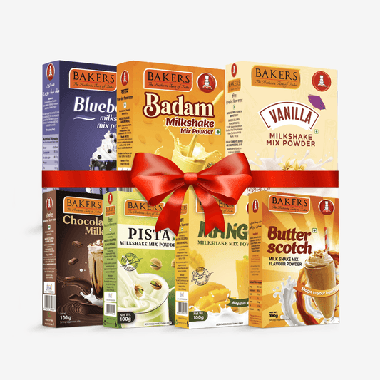 BAKERS Milkshake Mix Powder Pack of 7 VANILLA + PISTA + CHOCOLATE + BUTTERSCOTCH + BADAM + BLUEBERRY + ROSE - Pluugin Store