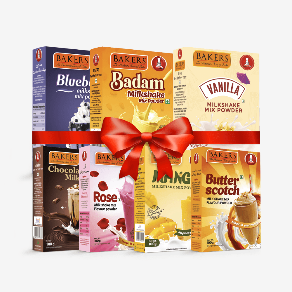 BAKERS Milkshake Mix Powder Pack of 7 VANILLA + MANGO + CHOCOLATE + BUTTERSCOTCH + BADAM + BLUEBERRY + ROSE - Pluugin Store
