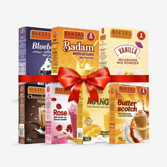 BAKERS Milkshake Mix Powder Pack of 7 VANILLA + MANGO + CHOCOLATE + BUTTERSCOTCH + BADAM + BLUEBERRY + ROSE - Pluugin Store