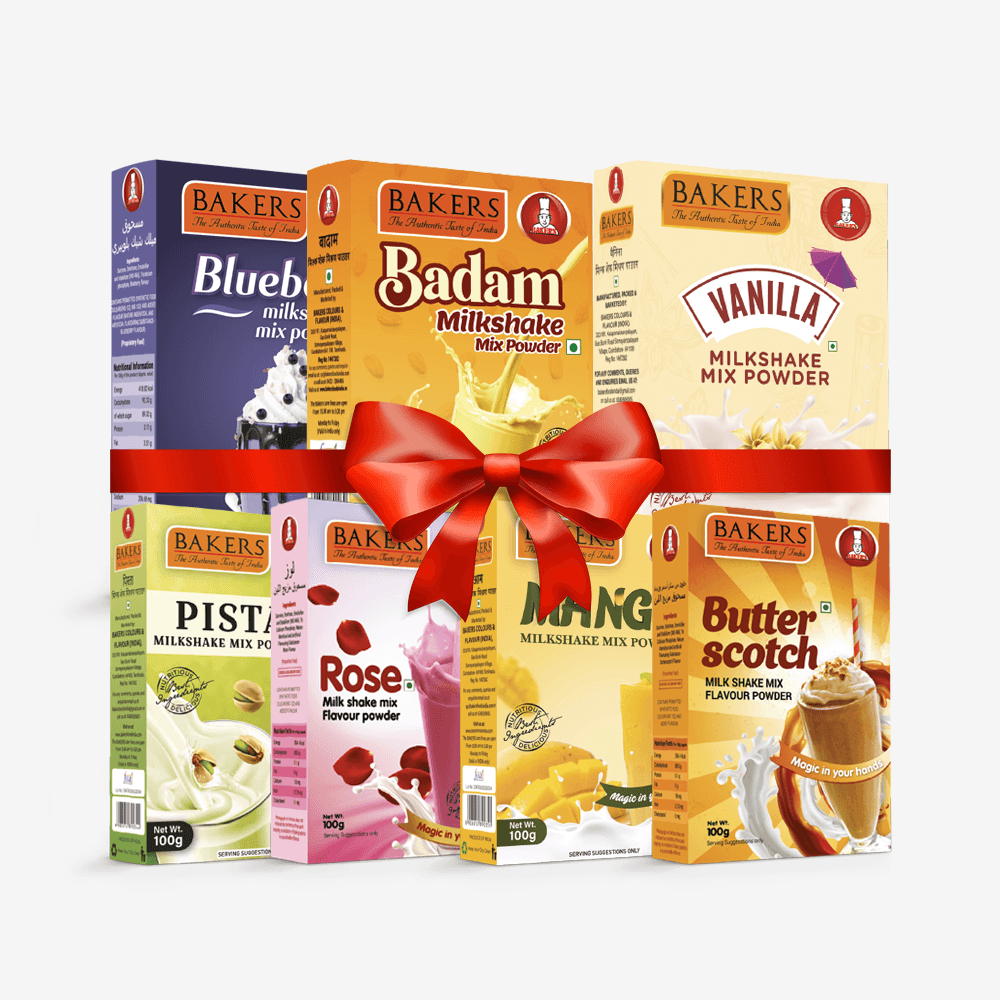 BAKERS Milkshake Mix Powder Pack of 7 VANILLA + MANGO + PISTA + BUTTERSCOTCH + BADAM + BLUEBERRY + ROSE - Pluugin Store