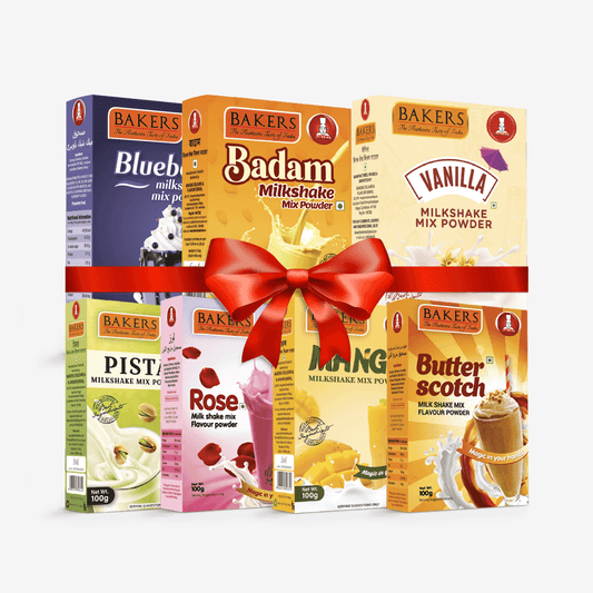 BAKERS Milkshake Mix Powder Pack of 7 VANILLA + MANGO + PISTA + BUTTERSCOTCH + BADAM + BLUEBERRY + ROSE - Pluugin Store
