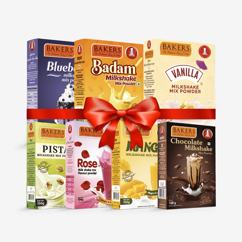 BAKERS Milkshake Mix Powder Pack of 7 VANILLA + MANGO + PISTA + CHOCOLATE + BADAM + BLUEBERRY + ROSE - Pluugin Store