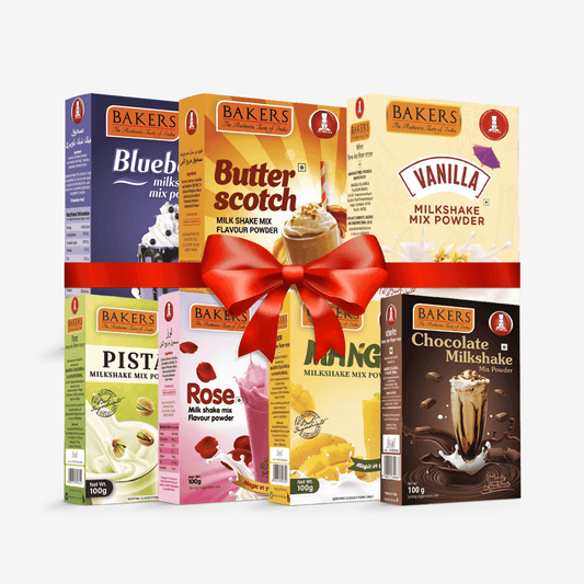BAKERS Milkshake Mix Powder Pack of 7 VANILLA + MANGO + PISTA + CHOCOLATE + BUTTERSCOTCH + BLUEBERRY + ROSE - Pluugin Store