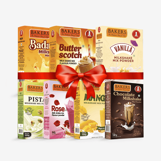 BAKERS Milkshake Mix Powder Pack of 7 VANILLA + MANGO + PISTA + CHOCOLATE + BUTTERSCOTCH + BADAM + ROSE - Pluugin Store