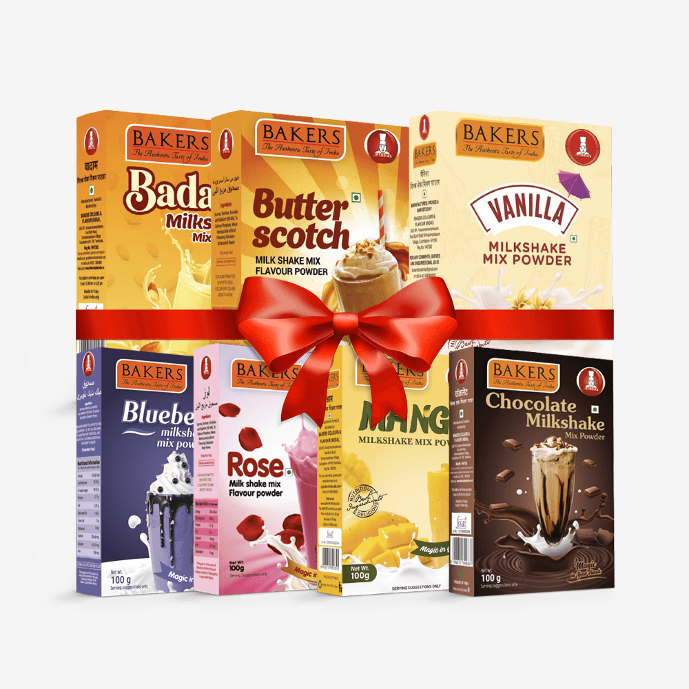 BAKERS Milkshake Mix Powder Pack of 7 VANILLA + MANGO + PISTA + CHOCOLATE + BUTTERSCOTCH + BADAM + BLUEBERRY - Pluugin Store