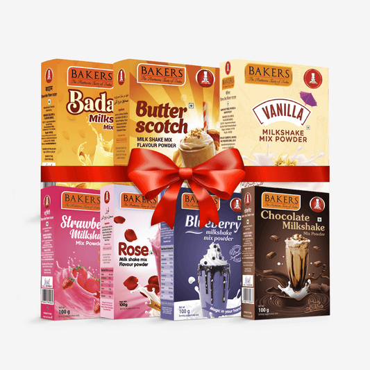 BAKERS Milkshake Mix Powder Pack of 7 VANILLA + STR. + CHOCOLATE + BUTTERSCOTCH + BADAM + BLUEBERRY + ROSE - Pluugin Store