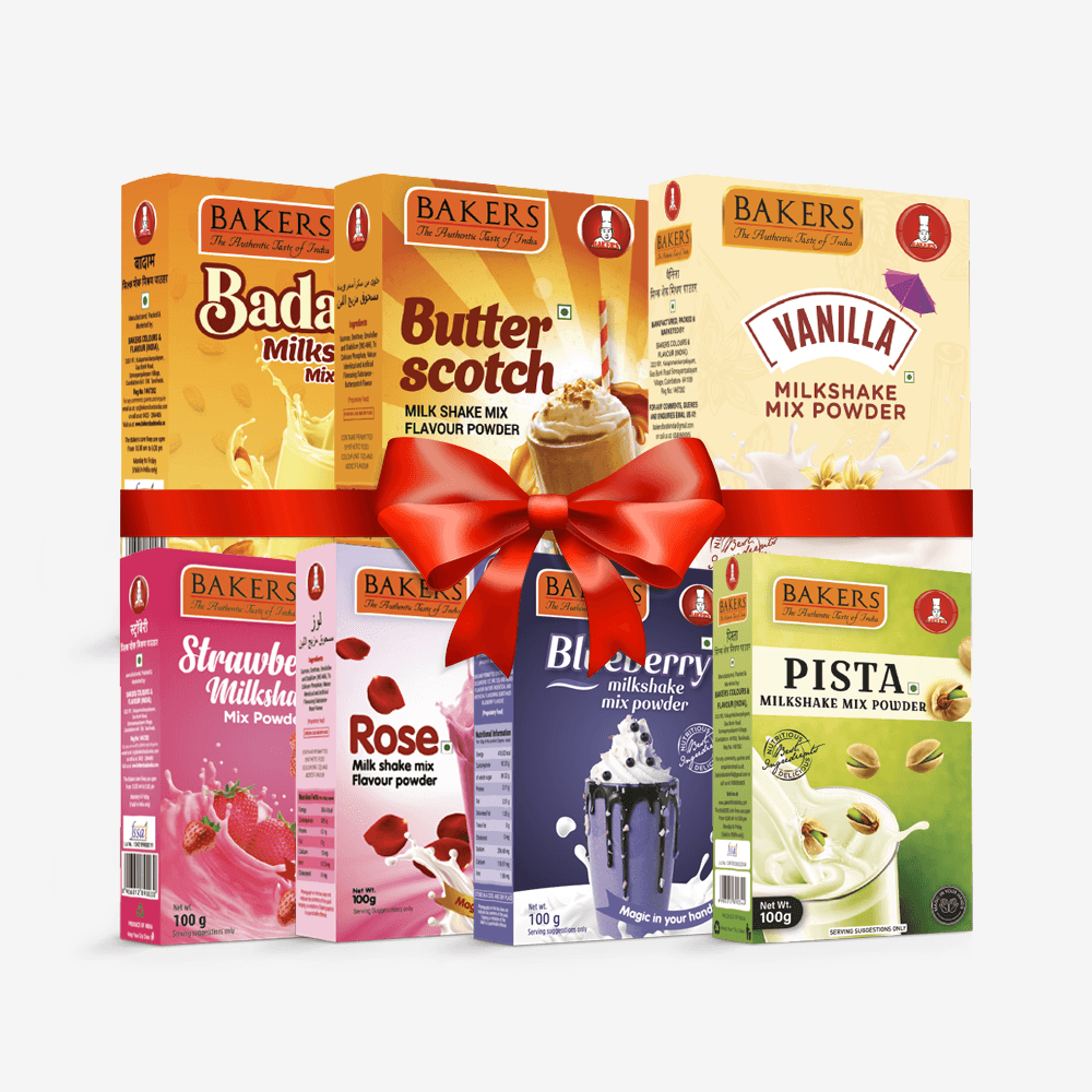 BAKERS Milkshake Mix Powder Pack of 7 VANILLA + STR. + PISTA + BUTTERSCOTCH + BADAM + BLUEBERRY + ROSE - Pluugin Store