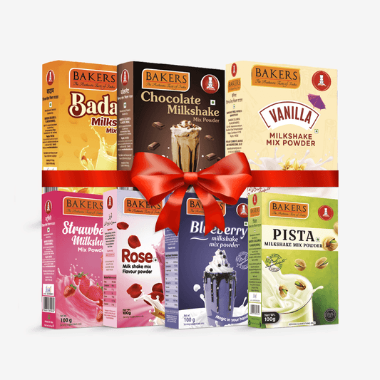 BAKERS Milkshake Mix Powder Pack of 7 VANILLA + STR. + PISTA + CHOCOLATE + BADAM + BLUEBERRY + ROSE - Pluugin Store