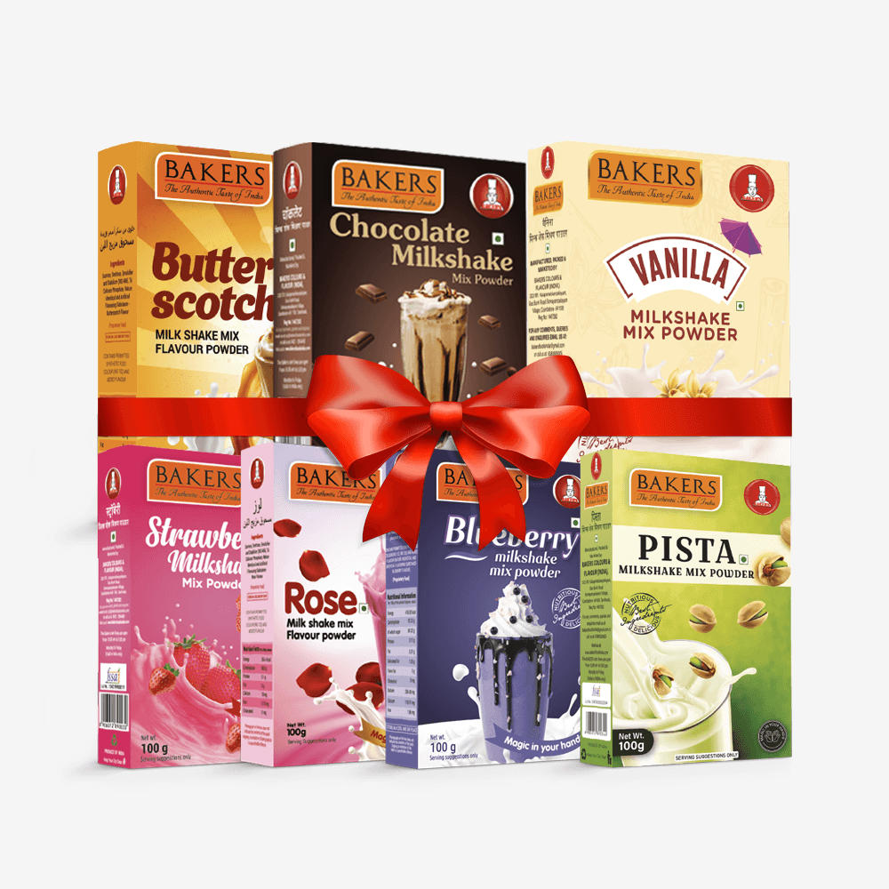 BAKERS Milkshake Mix Powder Pack of 7 VANILLA + STR. + PISTA + CHOCOLATE + BUTTERSCOTCH + BLUEBERRY + ROSE - Pluugin Store