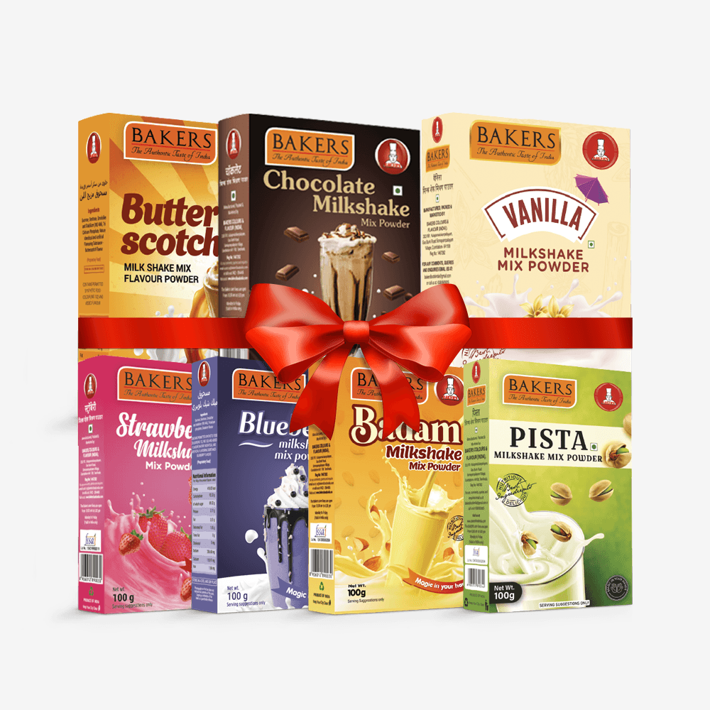 BAKERS Milkshake Mix Powder Pack of 7 VANILLA + STR. + PISTA + CHOCOLATE + BUTTERSCOTCH + BADAM + BLUEBERRY - Pluugin Store