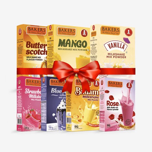 BAKERS Milkshake Mix Powder Pack of 7 VANILLA + STR. + MANGO + BUTTERSCOTCH + BADAM + BLUEBERRY + ROSE - Pluugin Store